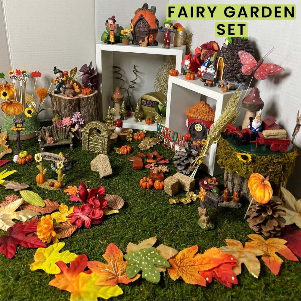 HELLO FALL FAIRY GARDEN GNOME VILLAGE GIFT SET
